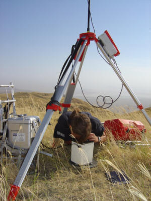 Gravimeter reading on the Serengeti Plateau, with Lake Natron in the background.