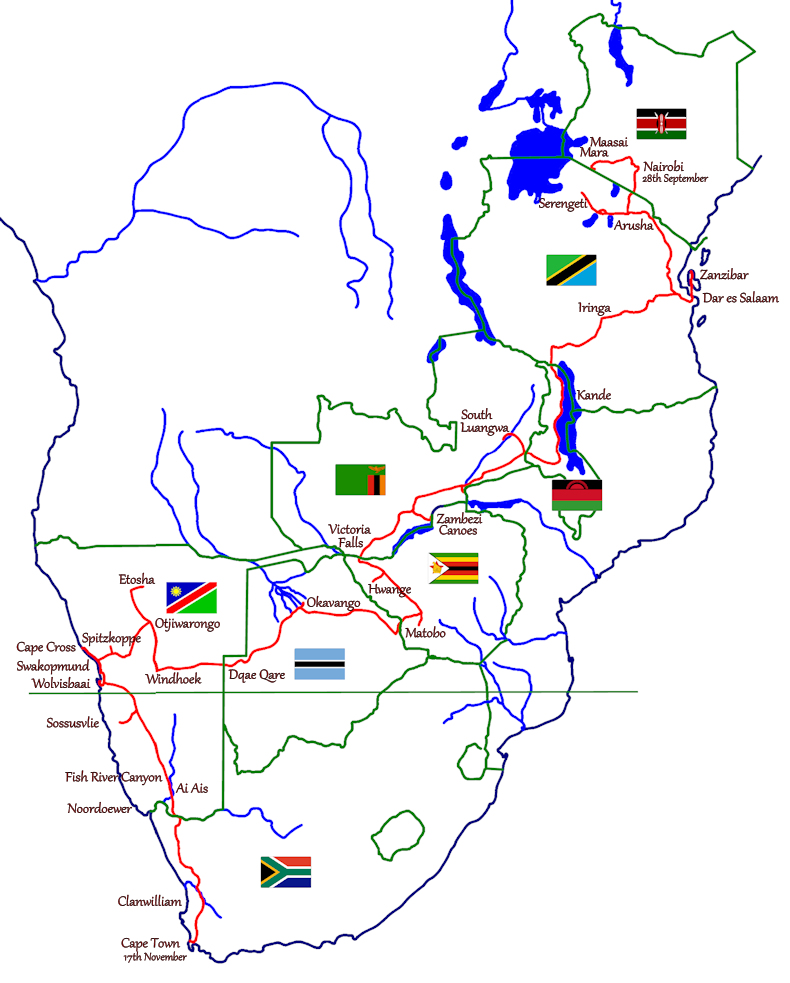 Safari 2013 Nairobi to Cape Tow - Route Map