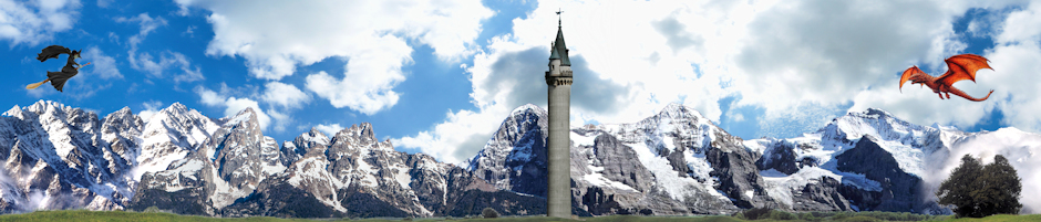 Puff the magic dragon flies over the snow capped mountains and finds a tall tower