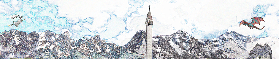 Puff the magic dragon flies over the snow capped mountains and finds a tall tower